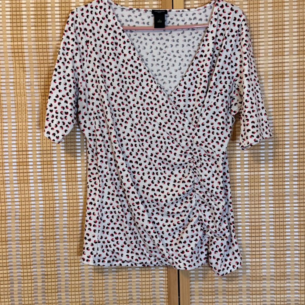 Ann Taylor Womens XL Pink Black Geometric Print Ruched Surplice V-Neck Top